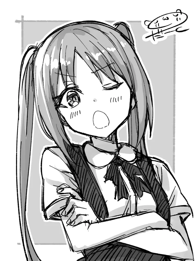 腕組みをして片目を閉じ、少し生意気そうに何かを言いたげな細長ツインテールの女の子。